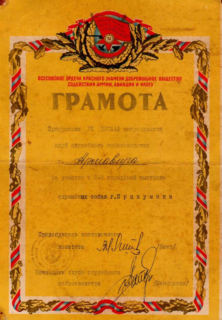 Грамота Прикумского РК ДОСААФ 1974 г.