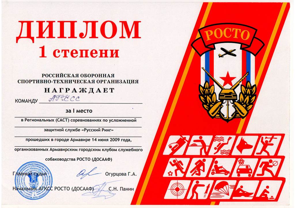 Диплом 1 ст. за участие в соревнованиях 2009 г.