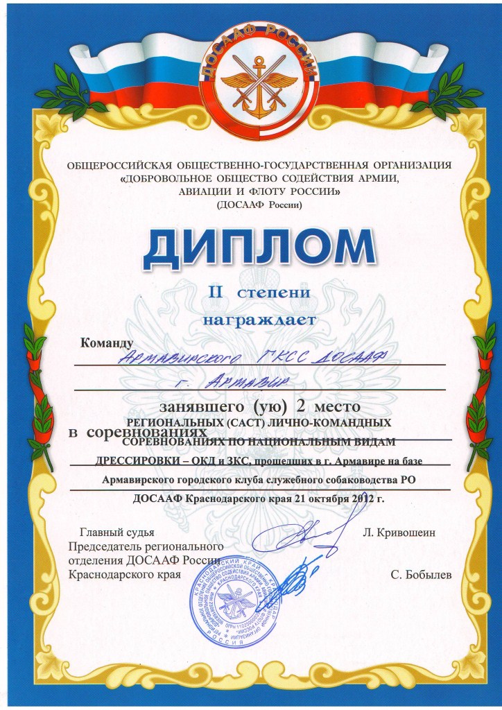 Диплом за участие в соревнованиях 2012 г.