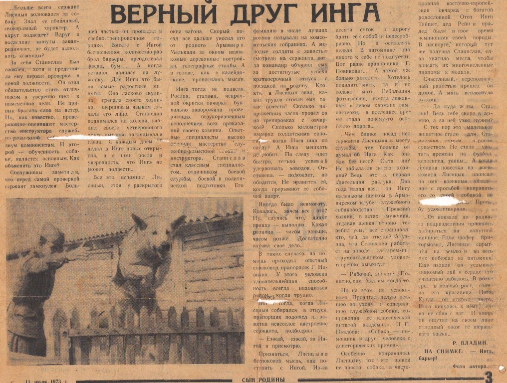 Статья в газете о Лисицине С.А. Член клуба с 1971 года. Со своей собакой призван в ряды СА